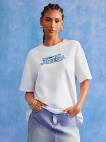 PEPSI X SHEIN 女式休闲标语图案圆领短袖T恤，夏季 - 白色 - 查看 4