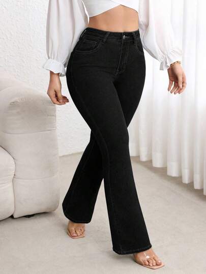 Flexra Plus Size High Waist Fitted Flare Leg Washed Dark Blue Jeans