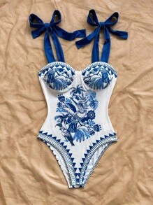 Soleia 女士新款假日系列针织吊带蝴蝶结连体衣，花鸟印花，蓝白配色，适合邮轮、嘉年华等场合，可内搭或外穿。