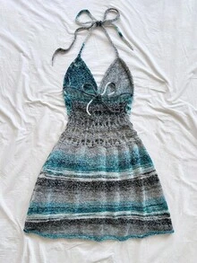 Soleia Women's Light Grey Autumn Boho Beach Holiday Vintage Colorful Gradient Yarn V-Neck Hollow Flared Mini Crochet Knitted Sweater Dress For Party,Date - Multicolor - View 2