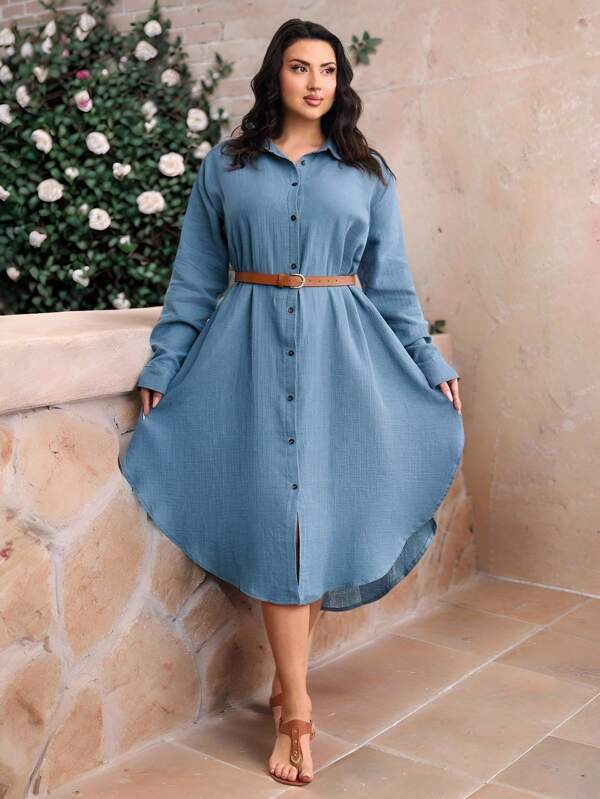SHEIN Rochie tip cămașă casual cu mânecă lungă și un singur nasture, mărime plus