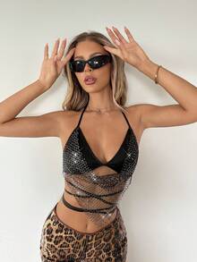 SHEIN ICON Sexy Sequin Mesh Cross Back Halter Crop Y2K Glitter Black Sexy Top Party Club Night Out Summer - Black - View 6