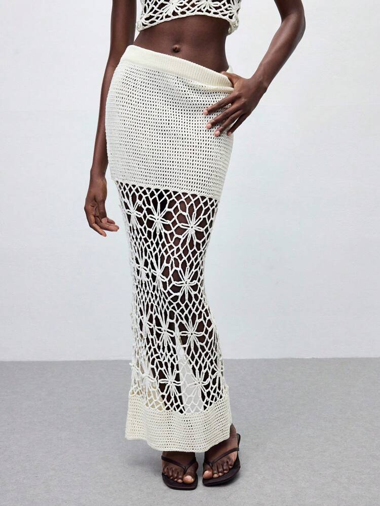 SHEIN Maija Women's Hollow-Out Solid Color Casual Vacation Knit Skirt