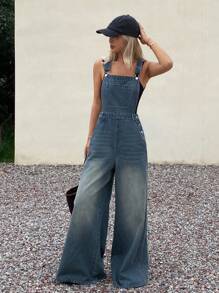 DAZY 女式夏季宽松休闲牛仔背带裤 - 藍色 - 查看 6