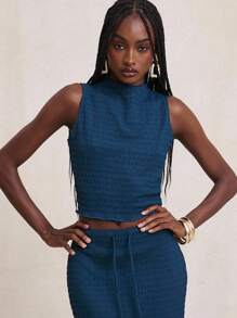 NYA SZN Canotta estiva senza maniche con collo a lupetto, casual, testurizzata, adatta per vacanze e uso quotidiano, in colore blu navy, per donna - Blu - Visualizzare 1