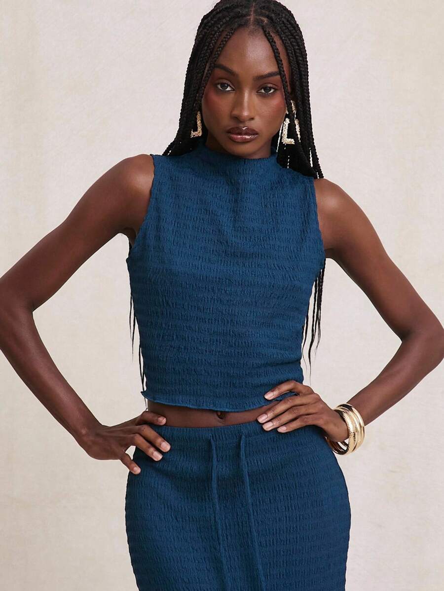 NYA SZN Canotta estiva senza maniche con collo a lupetto, casual, testurizzata, adatta per vacanze e uso quotidiano, in colore blu navy, per donna - Blu - Visualizzare 1