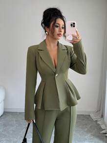 Elenzga 女士秋季长袖西装套装优雅时尚浪漫修身商务 - 軍綠色 - 查看 1