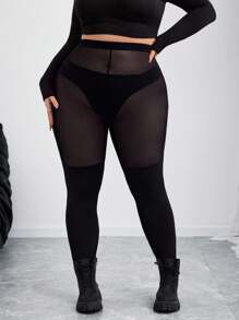 SHEIN CURVE+ Curve 大码/秋装/秋季女装/女冬装/冬装女士大码、连体丝袜、黑色大码打底裤、防滑高腿打底裤、黑色网眼贴片打底裤，适合日常休闲穿着，简约时尚，春夏装女秋装，冬季，CURVE PLUS - 黑色 - 查看 5