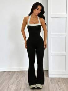 SHEIN PETITE 女士纯色拼接简约修身连体裤，休闲日常穿着 - 黑與白 - 查看 3