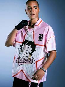 ROMWE MEN Betty Boop | ROMWE 男士夏季粉色卡通星星印花短袖 Polo 衫，2000 年代风格 - 粉色 - 查看 6