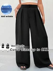 SHEIN CURVE+ 大码曲线/校园服/返校服/返校季大码女装办公室休闲裤，黑色高腰直筒休闲裤，简约时尚，适合日常穿着 - 黑色 - 查看 8