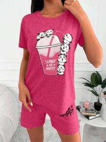 EURMUSE Conjunto de pijama de algodón con gráficos de dibujos animados y lemas - Rosa Fucsia - Ver 3