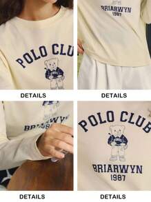 Briarwyn 女士圆领长袖休闲熊图案舒适上衣、图案 T 恤、秋季女装、返校季、复古风女装 - 黃色 - 查看 7