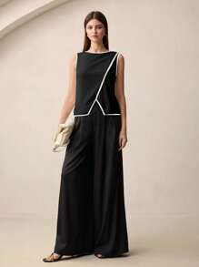 BizChic 2025秋季新款黑白撞色不对称下摆优雅时尚都市浪漫简约乡村风音乐节机场旅行婚礼宾客生日万圣节商务休闲办公室约会派对郊游返校女装上衣 - 黑色 - 查看 4