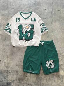 AXEPEAK 男士时尚数字雏菊印花 V 领短袖 T 恤和短裤休闲套装