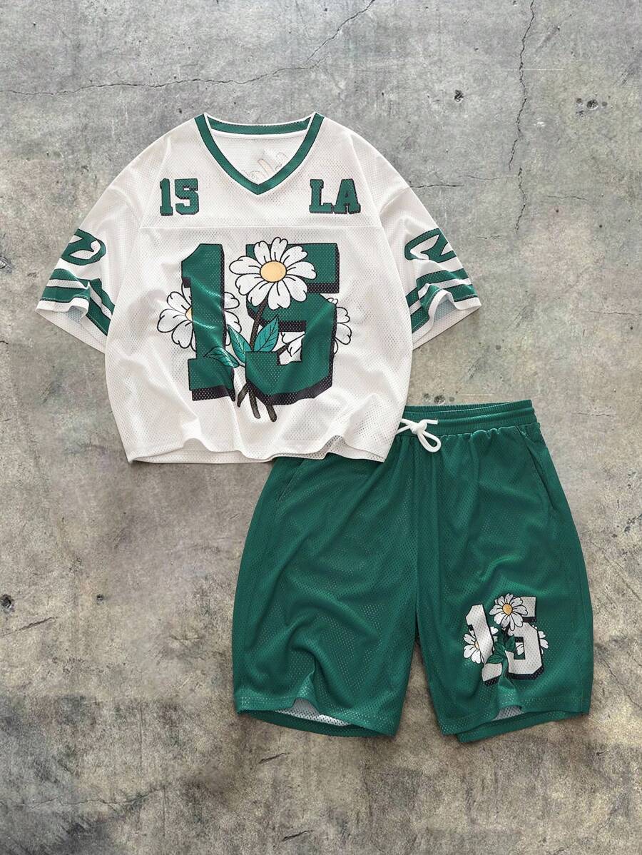 AXEPEAK 男士时尚数字雏菊印花 V 领短袖 T 恤和短裤休闲套装