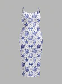 Veykashi 大码女式吊带紧身连衣裙，蝴蝶和贝壳海洋印花，适合休闲度假