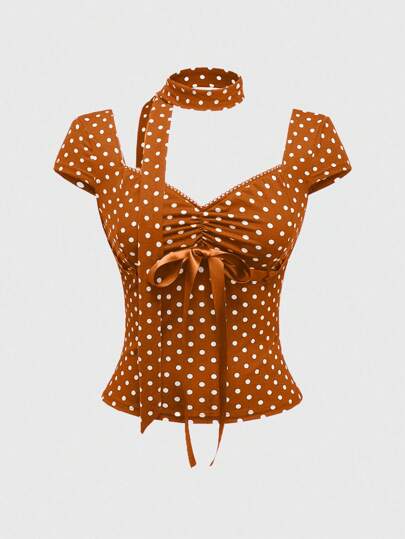 Camiseta de mujer con diseño de pañuelo con lunares y lazo estilo Y2K