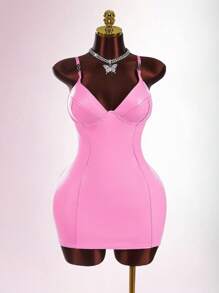 Amplova 金属链条装饰粉色 PU 抹胸紧身迷你连衣裙