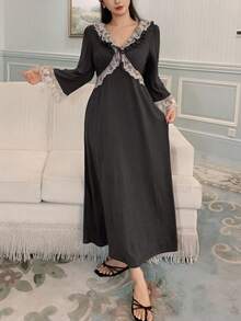 DAZY Romantic Ruffle Trim Waist Contrast Color Nightgown For Women, Fall Pajama