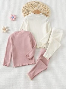 Cozy Pixies 4pcs/Set Baju Bayi Perempuan Rajut Warna Polos Lembut Leher Bulat Lengan Panjang Atasan dan Celana Panjang Pinggang Elastis Set Bayi Perempuan Bergaris Hangat - Aprikot - View 2