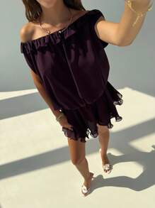 Aloruh Date Night Outfits Women Eggplant Purple Women's Vacation Cute & Sexy Daily Wear Chiffon Off Shoulder Mini Dress - Red Violet - View 6