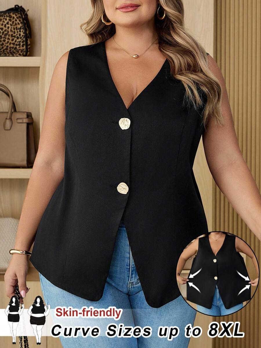 SHEIN CURVE+ Curve 大码/秋装/秋季女装/女士冬装/冬装大码女士休闲简约别致金属扣背心，杏金色纽扣，适合通勤、工作、上学季节、新年 - 黑色 - 查看 1