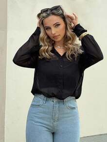 Jeta Ari Sheer Button Front Shirt Without Bra,Long Sleeve Tops