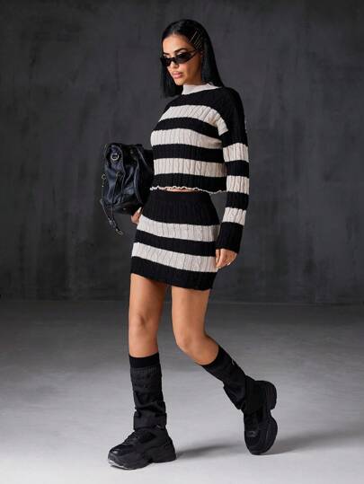 EURMUSE Women's Knitwear Pullover Knit Sweater And Skirt With Distressed Knit Detail,Petite Co Ord Set,Petite Co Ord,Winter Co Ord Set,Co Ord,Loungewear Set,Knitted Co Ord Set,Petite,Winter Clothes