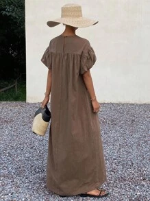 Livesso Vestido largo de verano para mujer con cuello redondo y mangas abullonadas - Café - Ver 2