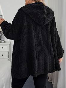 SHEIN CURVE+ Áo khoác hoodie len pha trộn họa tiết màu đen cỡ lớn dành cho nữ, dành cho mùa đông/thu/đông - màu đen - Xem 11