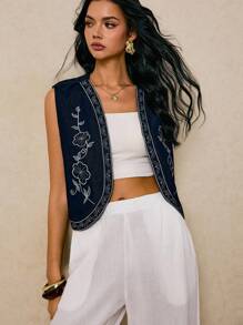 Poéselle 女式牛仔上衣无袖碎花刺绣背心深蓝色牛仔背心秋季法式休闲度假休闲外出上衣可爱上衣Y2k上衣度假女乡村音乐会 - 深色水洗藍 - 查看 8