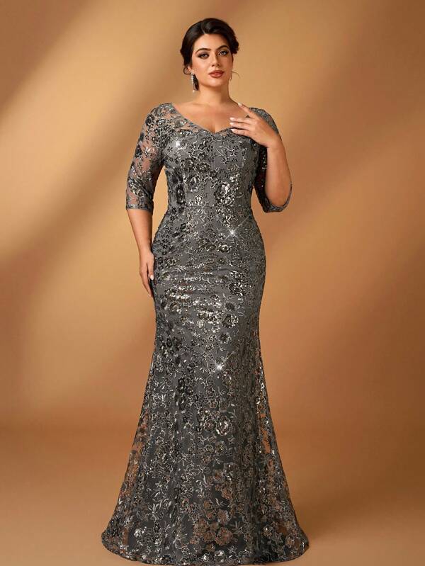 Serin Robe sirène à col V gris foncé élégante et luxueuse en maille sequins et dentelle brodée avec manches évasées. Convient pour les événements formels, les fêtes, les sorties, les vacances, les mariages, la mère de la mariée (grande taille)