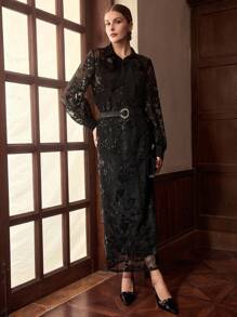 ZEYLAH 女士蕾丝亮片长袖上衣和中长裙优雅套装，秋冬 - 黑色 - 查看 5