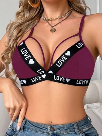 EasyFave Women's Contrast Color Letter Pattern Lace Bra