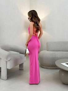 Jemour 女士简约素色交叉带日常连衣裙长款女装 - 玫紅色 - 查看 2