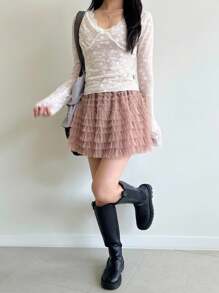 DAZY V-Neck Bowknot Sheer Lace Trim Long Sleeve Sexy Crop Top For Women - White - View 4