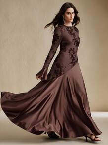 Anewsta Đầm nữ cổ tròn tay chuông họa tiết hoa thanh lịch - Cà phê - Xem 5