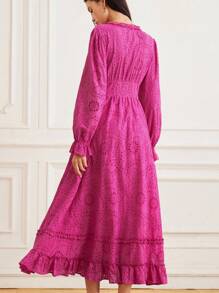 GENKIRA 复古优雅设计刺绣镂空荷叶边下摆修身长裙 - 玫紅色 - 查看 2