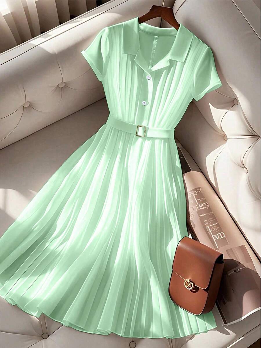 SHEIN Clasi Elegant New Fashionable French High-End Chiffon Pleat Polo Collar White Summer Short Sleeve Dress - Mint Green - View 1