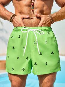 Manfinity Swimmode 男士假日休闲船锚印花沙滩短裤男士泳裤男士绿色泳裤船锚印花泳裤 - 墨綠色 - 查看 3