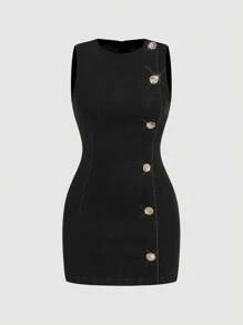SHEIN MOD Casual Elegant Women Denim Dress, For Outdoor - Black - View 1