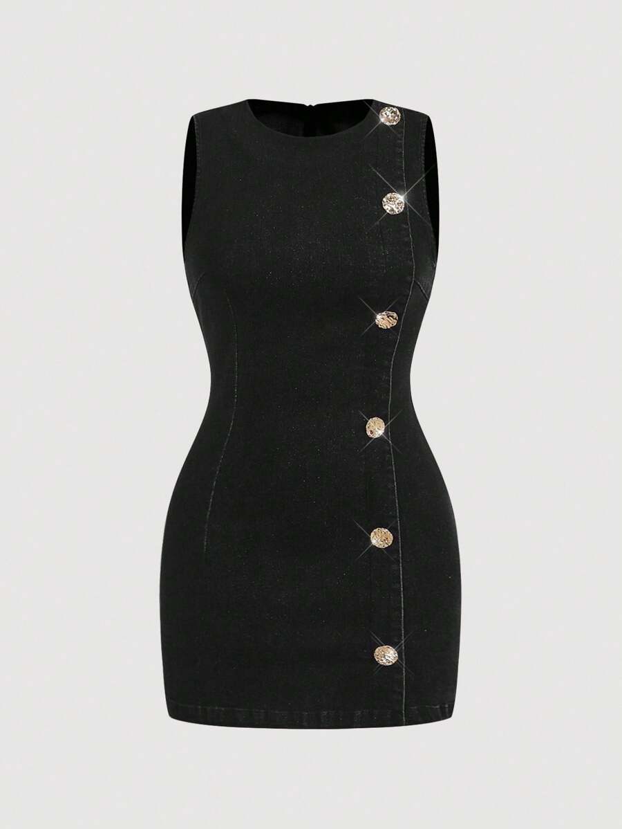 SHEIN MOD Casual Elegant Women Denim Dress, For Outdoor - Black - View 1