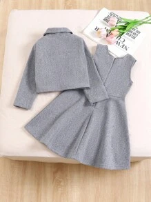 SHEIN 女童优雅灰色连衣裙外套套装，都市风秋冬款 - 灰色 - 查看 2