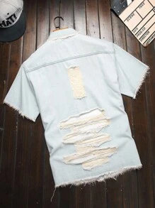 Manfinity Homme 男士休闲破洞宽松牛仔短袖衬衫，街头风格 - 淺色水洗藍 - 查看 2