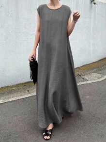 FRIFUL 女士长袖露背纯色连衣裙，女士度假沙滩夏季女装 - 深灰色 - 查看 4