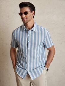 Manfinity Homme 条纹印花前开襟纽扣休闲短袖衬衫，男士夏季条纹短袖单排扣休闲衬衫 - 彩色 - 查看 5