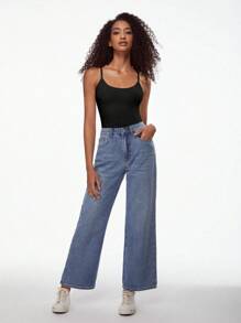 SHEIN BASICS 女款純色細肩帶背心上衣 簡約時尚日常休閒上衣 黑色 - 黑色 - 查看 4