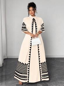 Elenzga Plus Size Print Tie Up 2 In 1 Dress Habesha Kemis - Apricot - View 4