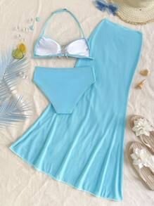 Tween Girl Knitted Blue Bikini Set With Beach-Ready Starfish Details Mermaid Outfit For Summer Vacation - Blue - View 2
